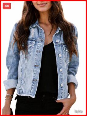 Distressed Women's Denim Jacket Button Down Long Sleeve Western Cowboy Coat